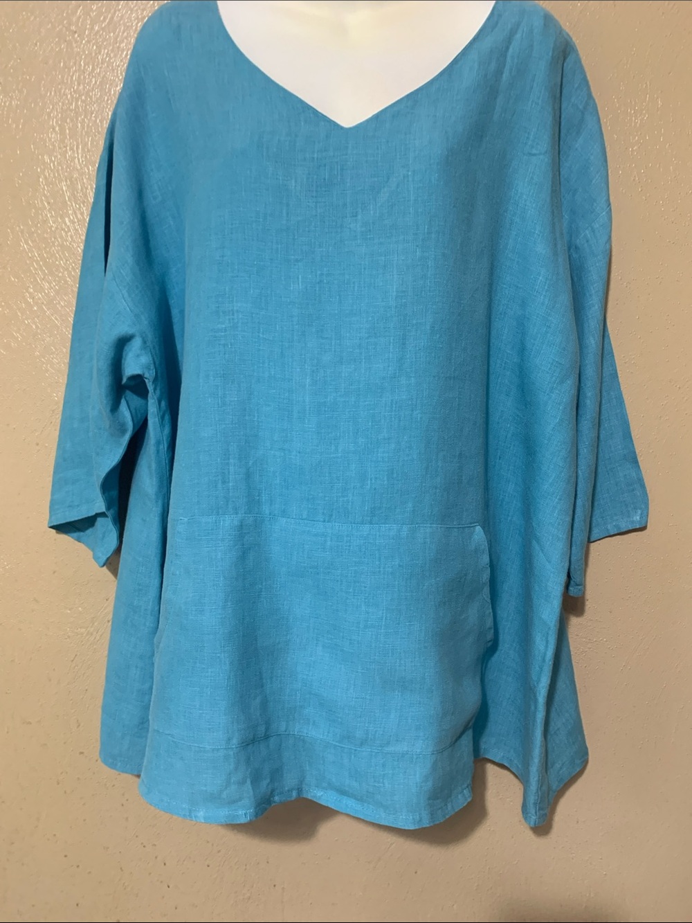 bryn Walker Turquoise Linen V-Neck Relaxed Tunic Kangaroo Pockets
